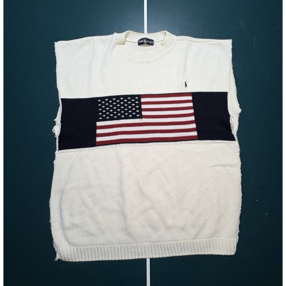 Vintage Ralph Lauren‎ Polo USA Flag Knit Sweater Men's Large Cut Poncho Style